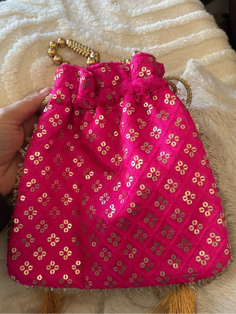 Ethnic Indian Wear Hot Pink Embellished Evening Potli with Gold Tassels